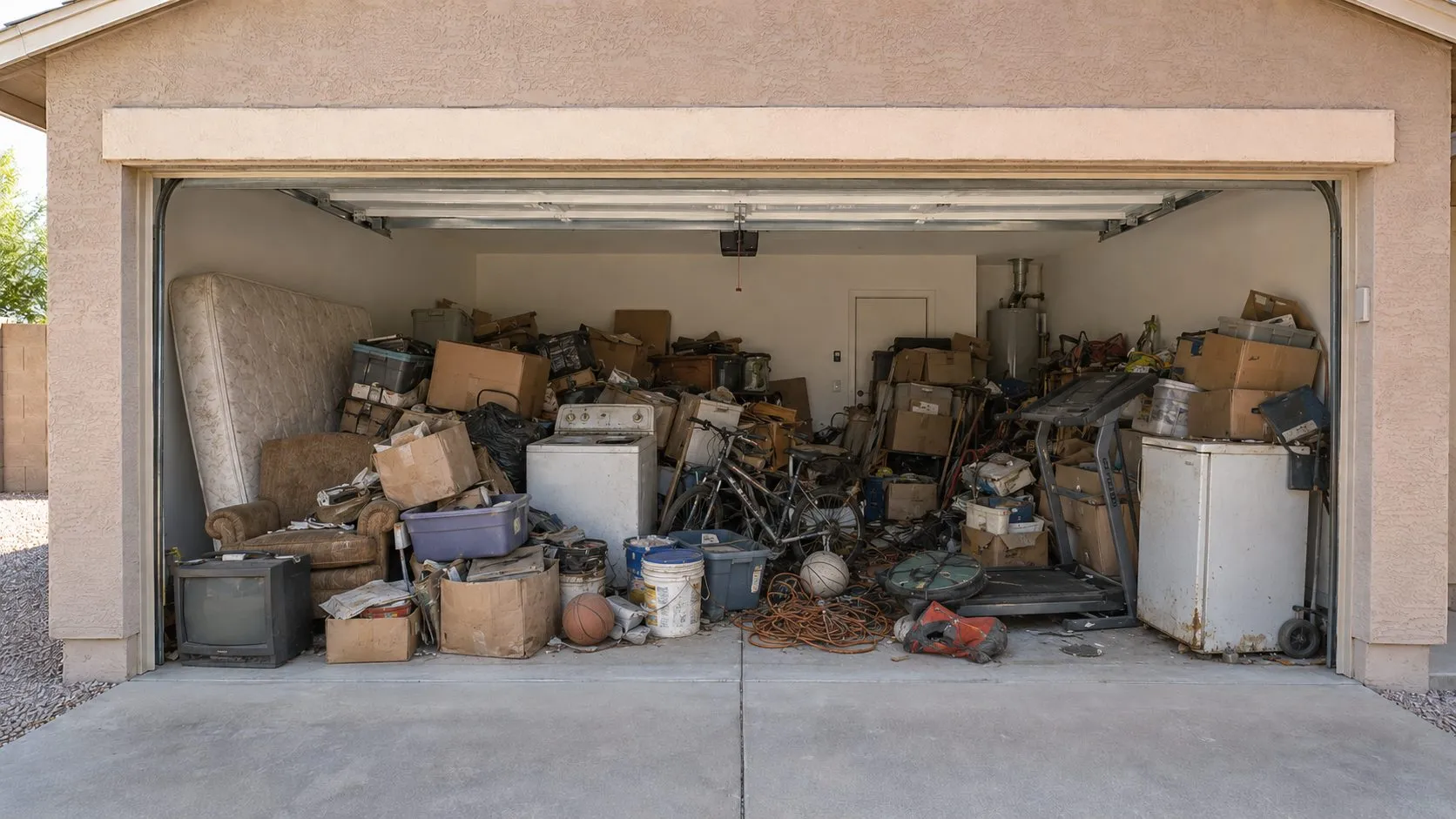 A Phoenix garage packed with junk before a cleanout